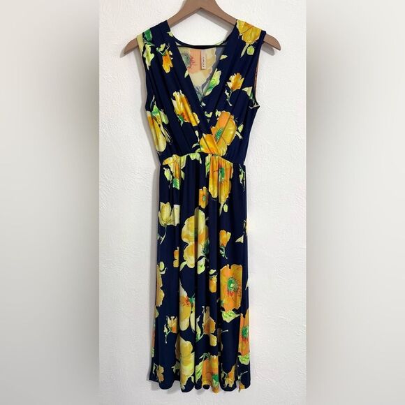 Modcloth Gilli navy blue and golden floral sleeveless midi dress, size small - Picture 1 of 9